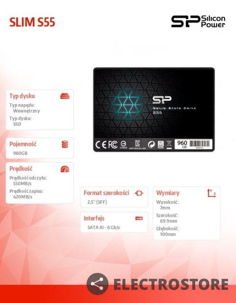 Silicon Power Dysk SSD SLIM S55 960GB 2,5 SATA3 500/450MB/s 7mm Silicon Power Dysk SSD SLIM S55 960GB 2,5 SATA3 500/450MB/s 7mm