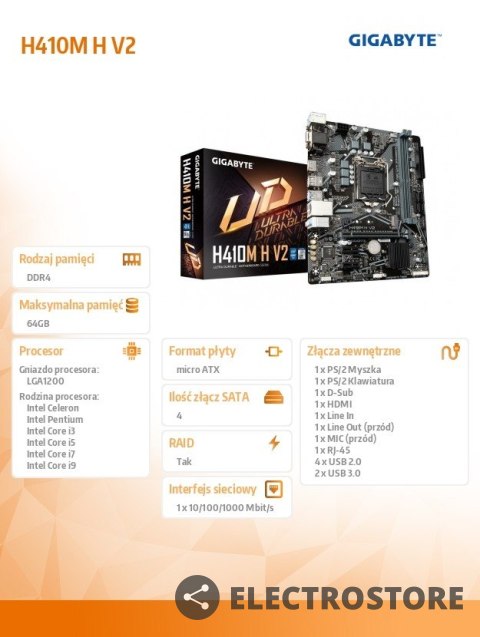Gigabyte Płyta główna H410M H V2 s1200 2DDR4 HDMI/D-SUB M.2 mATX Gigabyte Płyta główna H410M H V2 s1200 2DDR4 HDMI/D-SUB M.2 mATX
