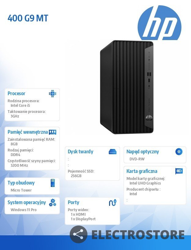 HP Inc. Komputer 400 G9 MT i5-12500 256GB/8GB/DVD/W11P 6A835EA