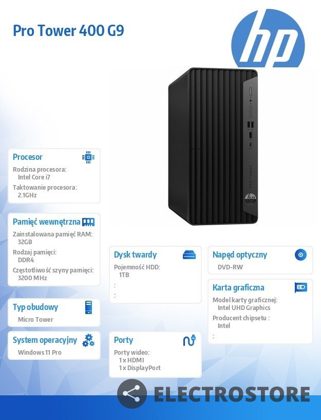 HP Inc. Komputer 400 G9 MT i7-12700 1TB/32GB/W11P 6A838EA