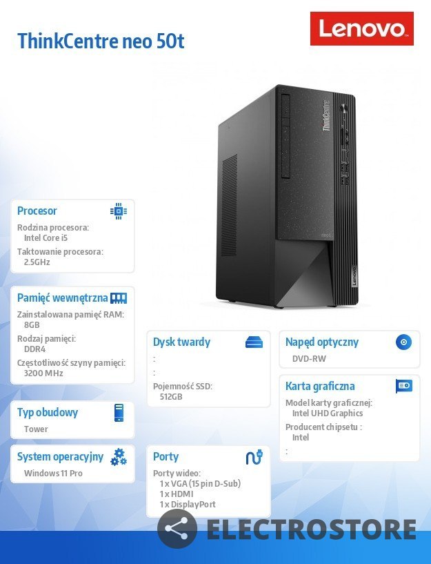 Lenovo Komputer ThinkCentre Neo 50t TWR 11SC001UPB W11Pro i5-12400/8GB/512GB/INT/DVD/3YRS OS + 1YR Premier Support Lenovo Komputer ThinkCentre Neo 50t TWR 11SC001UPB W11Pro i5-12400/8GB/512GB/INT/DVD/3YRS OS + 1YR Premier Support
