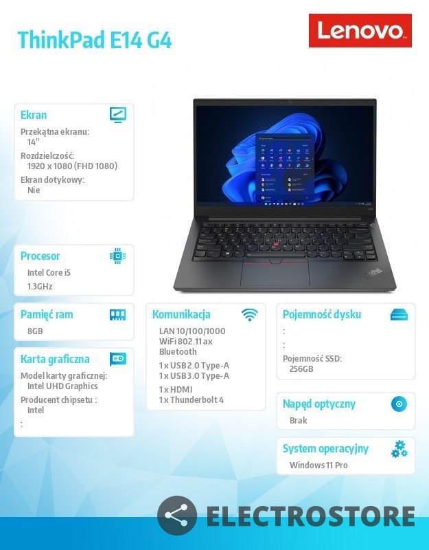Lenovo Laptop ThinkPad E14 G4 21E300ESPB W11Pro i5-1235U/8GB/256GB/INT/14.0 FHD/Black/1YR Premier Support + 3YRS OS