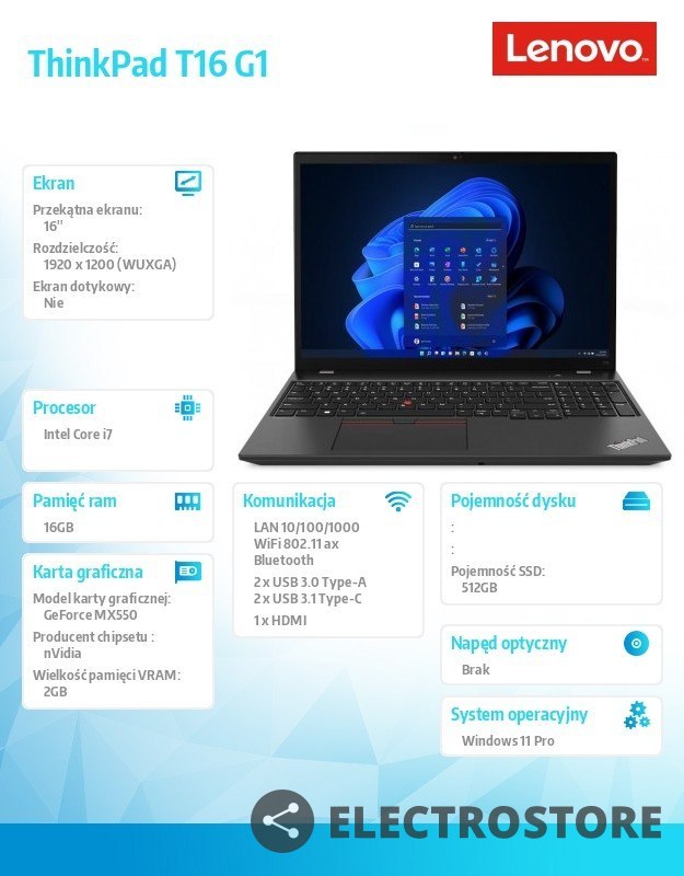 Lenovo Notebook ThinkPad T16 G1 21BV0078PB W11Pro i7-1260P/16GB/512GB/GN18S 2GB/LTE/16.0 WQXGA/Black/3YRS Premier Support Lenovo Notebook ThinkPad T16 G1 21BV0078PB W11Pro i7-1260P/16GB/512GB/GN18S 2GB/LTE/16.0 WQXGA/Black/3YRS Premier Support