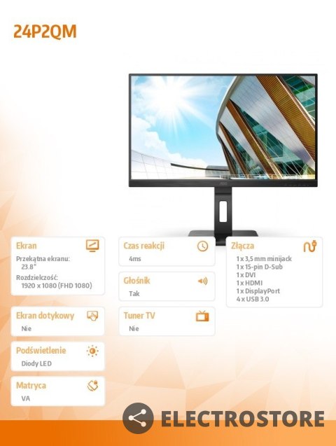 AOC Monitor 24P2QM 23.8 cala VA 75 Hz HDMI DP DVI Pivot AOC Monitor 24P2QM 23.8 cala VA 75 Hz HDMI DP DVI Pivot