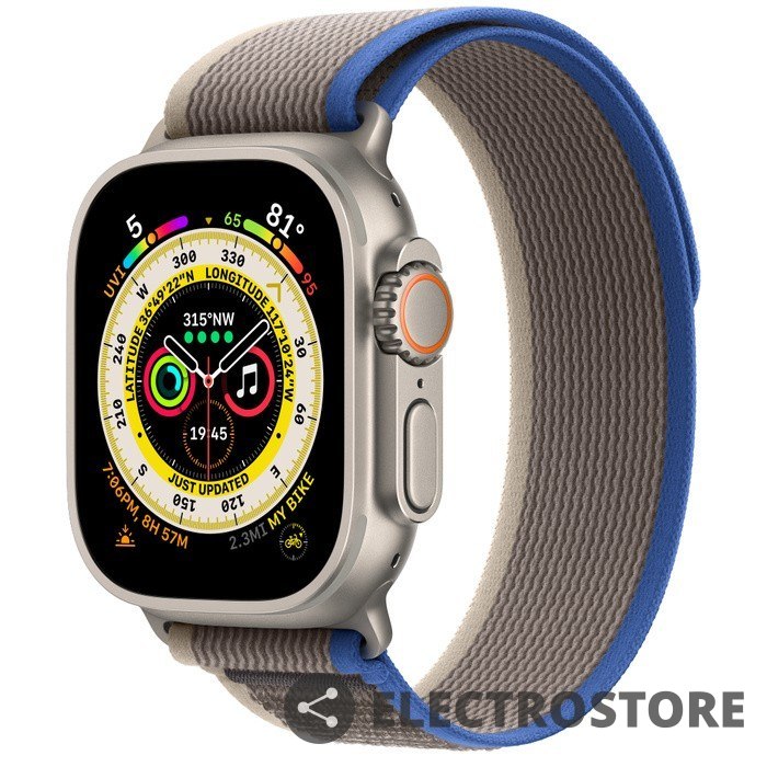 Apple Watch Ultra GPS + Cellular, 49 mm Koperta tytanowa z opaską Trail w kolorze niebieskim/szarym - S/M