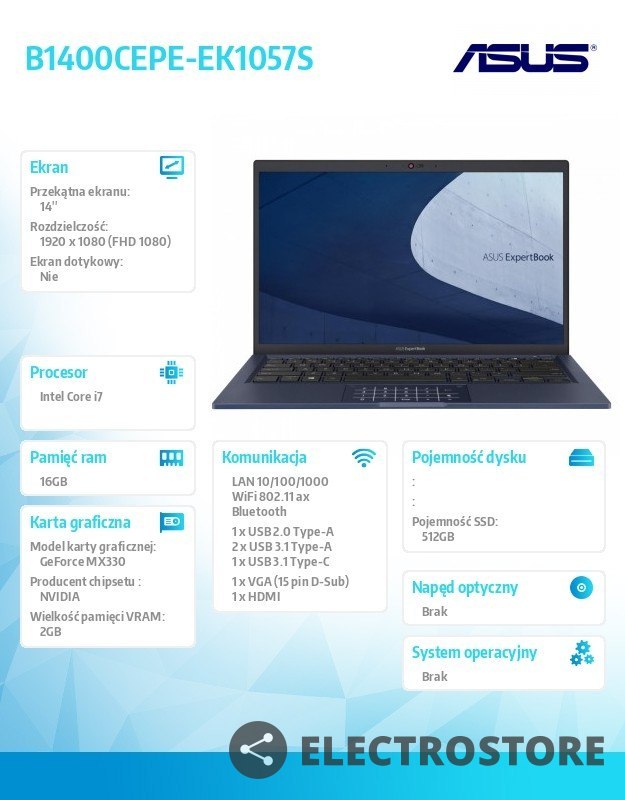 Asus Notebook B1400CEPE-EK1057S i7 1165G7 16/512/mx330/no OS ; 36 miesięcy ON-SITE NBD - wyceny specjalne u PM