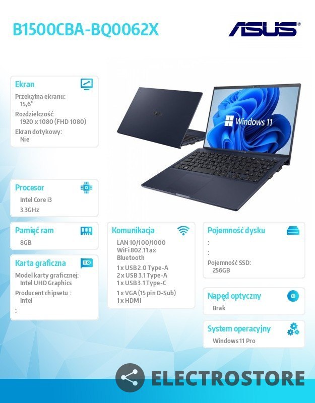 Asus Notebook B1500CBA-BQ0062X i3 1215U 8/256/int/15/Windows 11 PRO 36 miesięcy ON-SITE NBD - wyceny specjalne u PM