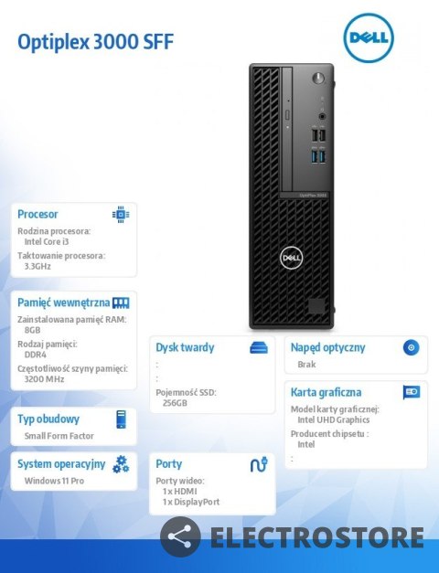 Dell Komputer Optiplex 3000 SFF/Core i3-12100/8GB/256GB SSD/Integrated/No Wifi/Kb/Mouse/W11Pro/3Y Dell Komputer Optiplex 3000 SFF/Core i3-12100/8GB/256GB SSD/Integrated/No Wifi/Kb/Mouse/W11Pro/3Y