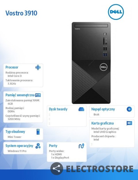 Dell Komputer Vostro 3910 MT Win11Pro i3-12100/4GB/1TB/Intel UHD 730/WLAN + BT/Kb/Mouse/3YPS Dell Komputer Vostro 3910 MT Win11Pro i3-12100/4GB/1TB/Intel UHD 730/WLAN + BT/Kb/Mouse/3YPS