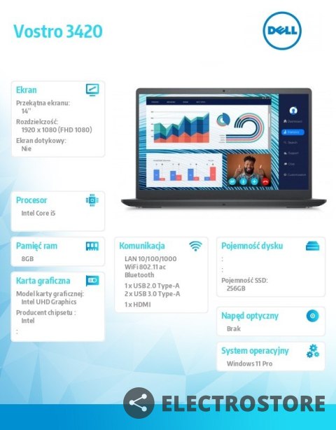 Dell Notebook Vostro 3420 Win11Pro i5-1235U/8GB/256GB SSD/14.0 FHD/Intel UHD/Cam & Mic/WLAN + BT/Backlit Kb/3 Cell/3YPS Dell Notebook Vostro 3420 Win11Pro i5-1235U/8GB/256GB SSD/14.0 FHD/Intel UHD/Cam & Mic/WLAN + BT/Backlit Kb/3 Cell/3YPS