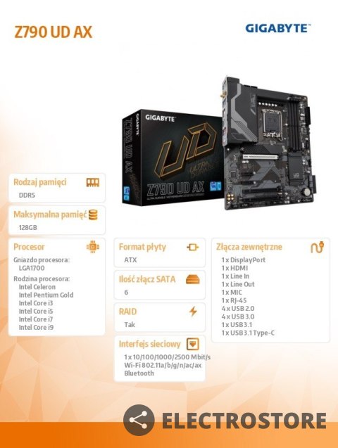 Gigabyte Płyta główna Z790 UD AX s1700 4DDR5 s1700 USB/DP ATX Gigabyte Płyta główna Z790 UD AX s1700 4DDR5 s1700 USB/DP ATX