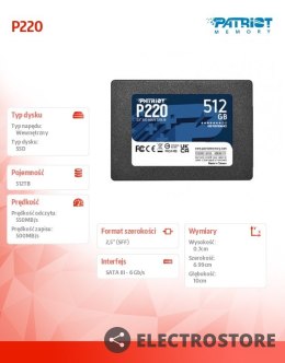Patriot Dysk SSD 512GB P220 550/500MB/s SATA III 2.5 cala