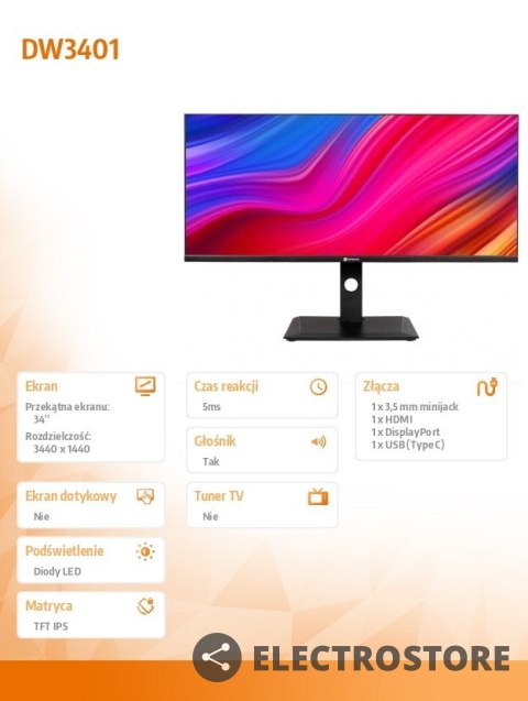 AG NEOVO Monitor DW3401 34 cale USB-C WQHD czarny AG NEOVO Monitor DW3401 34 cale USB-C WQHD czarny