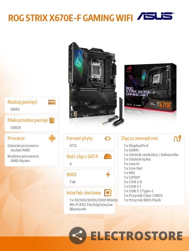 Asus Płyta główna ROG STRIX X670E-F GAMING WIFI AM5 4DDR5 ATX Asus Płyta główna ROG STRIX X670E-F GAMING WIFI AM5 4DDR5 ATX