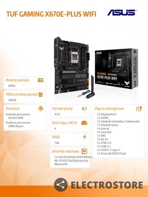 Asus Płyta główna TUF GAMING X670E-PLUS WIFI AM5 4DDR5 ATX HDMI Asus Płyta główna TUF GAMING X670E-PLUS WIFI AM5 4DDR5 ATX HDMI