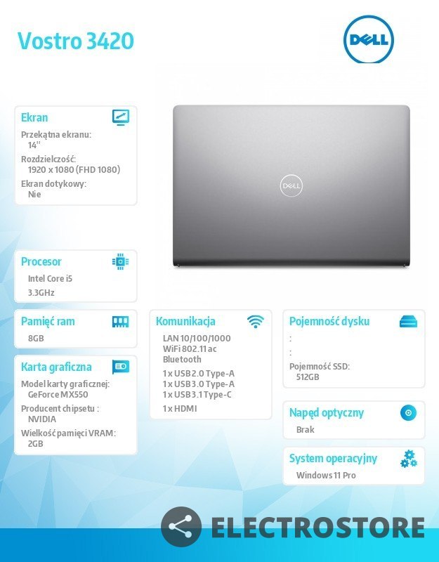 Dell Notebook Vostro 3420 Win11Pro i5-1235U/8GB/512GB SSD/14.0 FHD/GeForce MX 550/FgrPr/Cam & Mic/WLAN + BT/Backlit Kb/3 Cell/3Y ProS