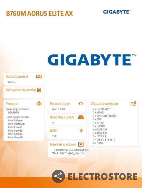 Gigabyte Płyta główna B760M AORUS ELITE AX s1700 DDR5 mATX Gigabyte Płyta główna B760M AORUS ELITE AX s1700 DDR5 mATX