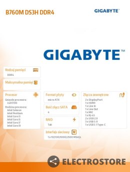 Gigabyte Płyta główna B760M DS3H DDR4 s1700 DDR4 2DP/HDMI mATX