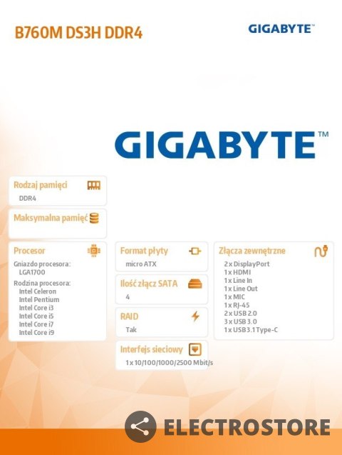 Gigabyte Płyta główna B760M DS3H DDR4 s1700 DDR4 2DP/HDMI mATX Gigabyte Płyta główna B760M DS3H DDR4 s1700 DDR4 2DP/HDMI mATX