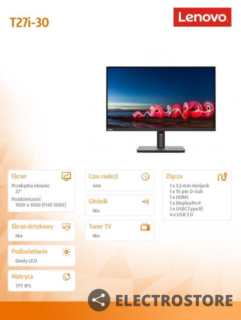 Lenovo Monitor 27 cali ThinkVision T27i-30 63A4MAT1EU Lenovo Monitor 27 cali ThinkVision T27i-30 63A4MAT1EU