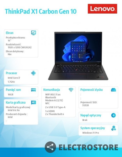 Lenovo Ultrabook ThinkPad X1 Carbon Gen 10 21CB00B0PB W11Pro i7-1255U/16GB/512GB/INT/LTE/14.0 WUXGA/Black/3YRS Premier Support Lenovo Ultrabook ThinkPad X1 Carbon Gen 10 21CB00B0PB W11Pro i7-1255U/16GB/512GB/INT/LTE/14.0 WUXGA/Black/3YRS Premier Support