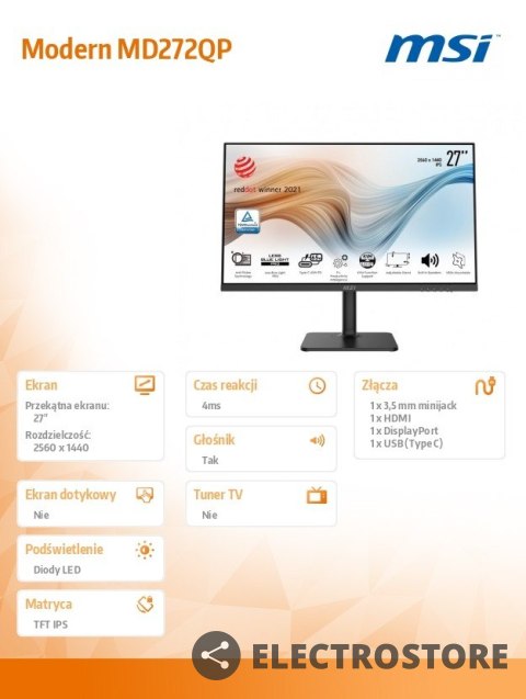 MSI Monitor 27 cali Modern MD272QP IPS/WQHD/4ms/75Hz/250nit MSI Monitor 27 cali Modern MD272QP IPS/WQHD/4ms/75Hz/250nit