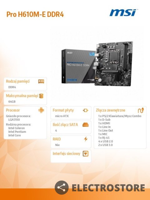 MSI Płyta główna PRO H610M-E s1700 DDR4 HDMI M.2 mATX MSI Płyta główna PRO H610M-E s1700 DDR4 HDMI M.2 mATX