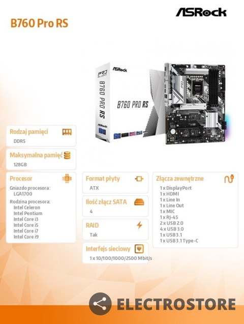 ASRock Płyta główna B760 Pro RS s1700 4DDR5 DP/HDMI/eDP M.2 ATX ASRock Płyta główna B760 Pro RS s1700 4DDR5 DP/HDMI/eDP M.2 ATX