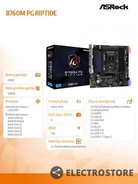 ASRock Płyta główna B760M PG RIPTIDE s1700 4DDR5 DP/HDMI/USB mATX ASRock Płyta główna B760M PG RIPTIDE s1700 4DDR5 DP/HDMI/USB mATX
