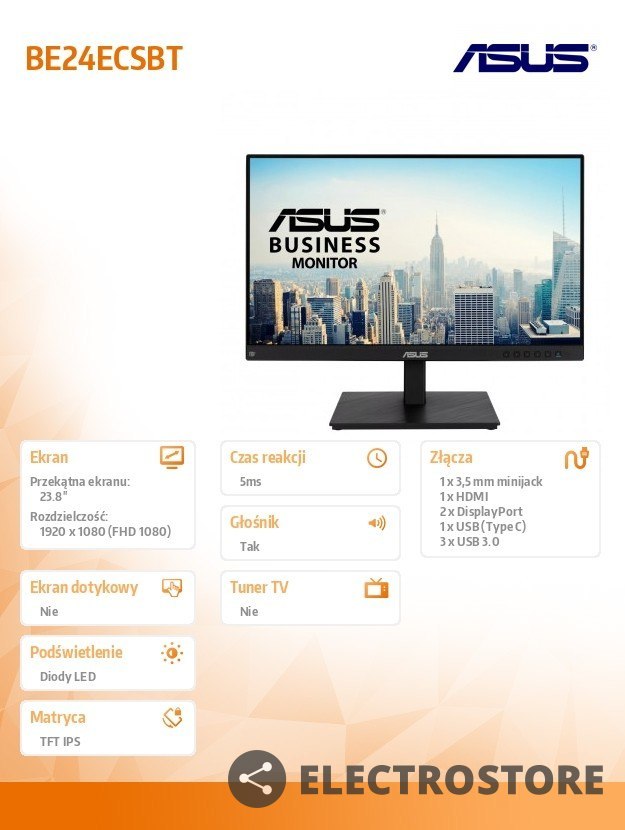 Asus Monitor 23,8 cali BE24ECSBT BK/5MS/EU/DP+HDMI+TYPEC+USB+SPEAKER