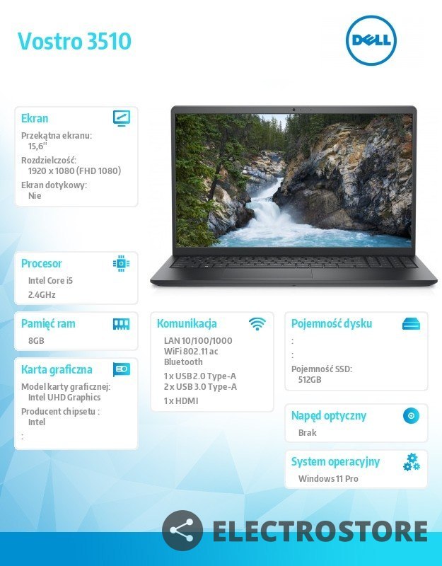 Dell Notebook Vostro 3510 Win11Pro i5-1135G7/8GB/512GB SSD/15.6 FHD/Intel UHD/FgrPr/Cam & Mic/WLAN + BT/Backlit Kb/3 Cell/3Y ProSuppo Dell Notebook Vostro 3510 Win11Pro i5-1135G7/8GB/512GB SSD/15.6 FHD/Intel UHD/FgrPr/Cam & Mic/WLAN + BT/Backlit Kb/3 Cell/3Y ProSuppo