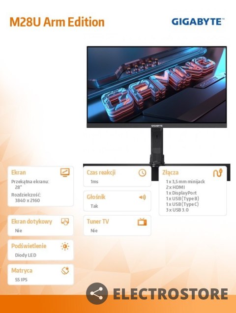 Gigabyte Monitor 28 cali M28U Arm Edition EK IPS/1ms/1MLN:1/UHD/HDMI Gigabyte Monitor 28 cali M28U Arm Edition EK IPS/1ms/1MLN:1/UHD/HDMI