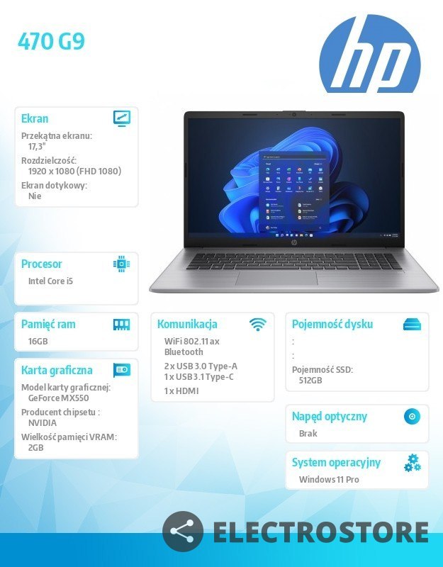 HP Inc. Notebook 470 G9 i5-1235U 512GB/16GB/W11P/17.3 6S768EA