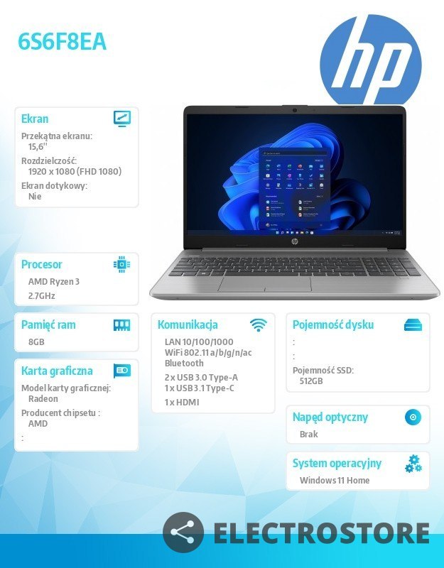 HP Inc. Notebook 255 G9 R3-5425U 512GB/8GB/W11H/15.6 6S6F8EA