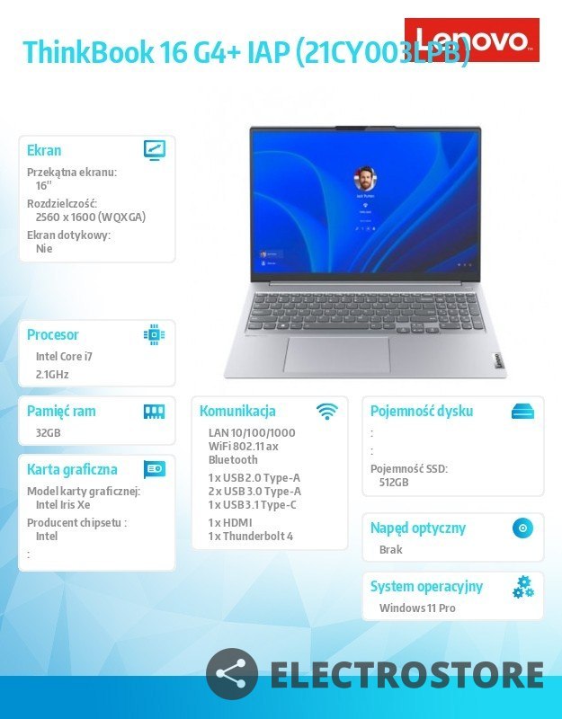 Lenovo Laptop ThinkBook 16 G4+ 21CY003LPB W11Pro i7-1260P/32GB/512GB/INT/16.0 WQXGA/Arctic Grey/3YRS OS Lenovo Laptop ThinkBook 16 G4+ 21CY003LPB W11Pro i7-1260P/32GB/512GB/INT/16.0 WQXGA/Arctic Grey/3YRS OS