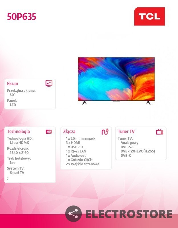 TCL Telewizor LED 50 cali 50P635 TCL Telewizor LED 50 cali 50P635