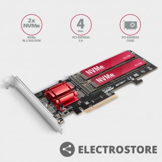 AXAGON PCEM2-ND Kontroler PCIe x 8, 2x slot M.2 NVMe M-key RAID wsparcie dla płyt bez bifurkacji, w zestawie, SP & LP
