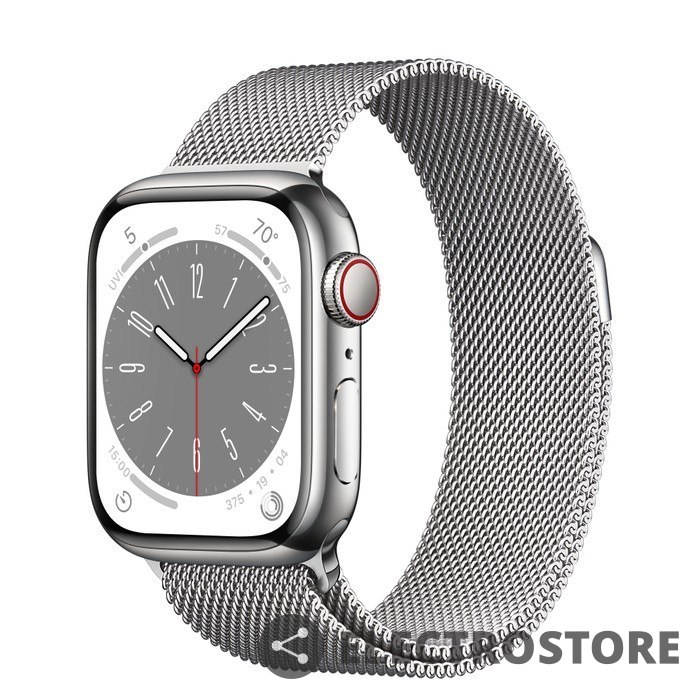 Apple Watch Series 8 GPS + Cellular, 41 mm Koperta ze stali nierdzewnej w kolorze srebrnym z bransoletą mediolańską w kolorze srebrnym Apple Watch Series 8 GPS + Cellular, 41 mm Koperta ze stali nierdzewnej w kolorze srebrnym z bransoletą mediolańską w kolorze srebrnym