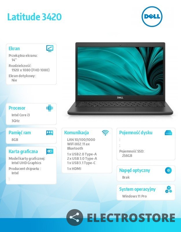 Dell Notebook Latitude 3420 Win11Pro i3-1115G4/8GB/256GB SSD/14.0 FHD/Intel UHD/FgrPr/Cam & Mic/WLAN+BT/Backlit Kb/4 Cell/3YProSuppor