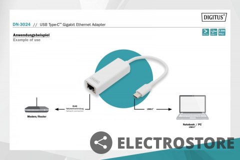 Digitus Karta sieciowa przewodowa USB 3.0 Typ C do Gigabit Ethernet 10/100/1000Mbps Digitus Karta sieciowa przewodowa USB 3.0 Typ C do Gigabit Ethernet 10/100/1000Mbps