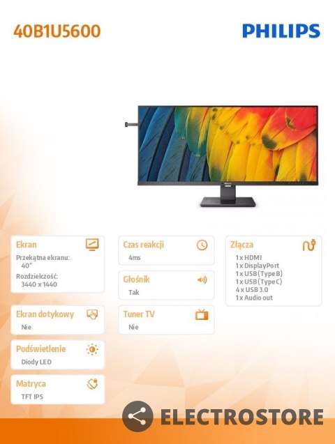 Philips Monitor 40 cali 40B1U5600 IPS HDMI DP USB-C HAS Głośniki Philips Monitor 40 cali 40B1U5600 IPS HDMI DP USB-C HAS Głośniki