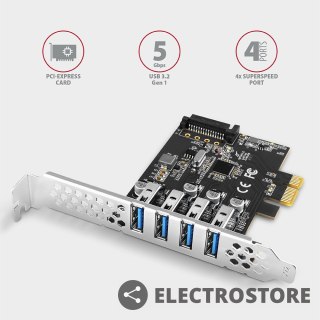 AXAGON PCEU-43RS Kontroler PCIe 4x port USB 3.2 GEN 1, UASP, chipset Renesas, 15-pin SATA zasilacz, dual power