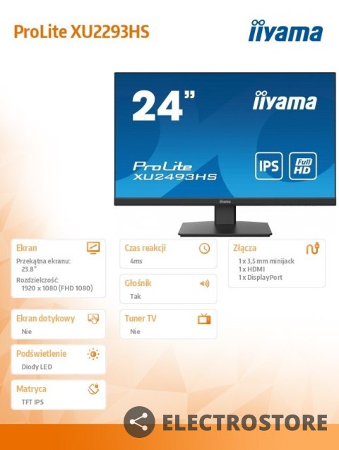 IIYAMA Monitor 23.8 cala XU2493HS-B5 IPS,HDMI,DP,2x2W,ACR,Ficker free IIYAMA Monitor 23.8 cala XU2493HS-B5 IPS,HDMI,DP,2x2W,ACR,Ficker free