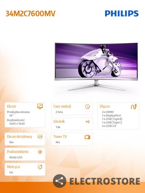 Philips Monitor 34 cale Evnia 34M2C77600MV Curved VA 165Hz Mini-LED HDMIx2 DP USB-C HAS Ambiglow Philips Monitor 34 cale Evnia 34M2C77600MV Curved VA 165Hz Mini-LED HDMIx2 DP USB-C HAS Ambiglow