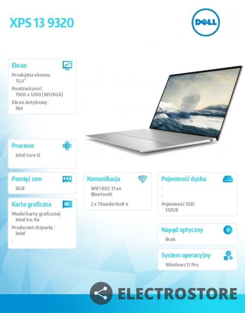 Dell Notebook XPS 13 9320 Win11Pro i5-1240P/512GB/8GB/Intel Iris Xe/13.4 FHD+/KB-Backlit/Platinum/2Y NBD Dell Notebook XPS 13 9320 Win11Pro i5-1240P/512GB/8GB/Intel Iris Xe/13.4 FHD+/KB-Backlit/Platinum/2Y NBD