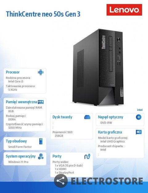 Lenovo Komputer ThinkCentre Neo 50s SFF 11T000F3PB W11Pro i3-12100/8GB/256GB/INT/DVD/3YRS OS Lenovo Komputer ThinkCentre Neo 50s SFF 11T000F3PB W11Pro i3-12100/8GB/256GB/INT/DVD/3YRS OS