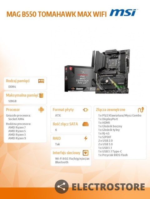 MSI Płyta główna MAG B550 TOMAHAWK MAX WIFI AM4 4DDR4 HDMI/DP 2M.2 ATX MSI Płyta główna MAG B550 TOMAHAWK MAX WIFI AM4 4DDR4 HDMI/DP 2M.2 ATX
