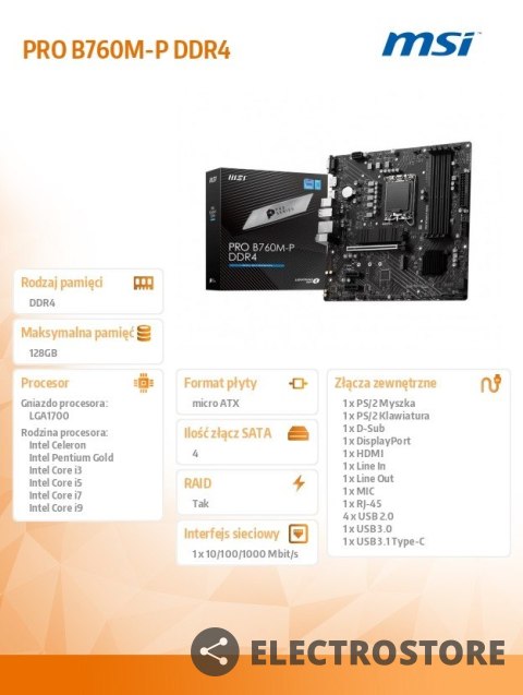 MSI Płyta główna PRO B760M-P DDR4 s1700 4DDR4 DP/HDMI 2M.2 mATX MSI Płyta główna PRO B760M-P DDR4 s1700 4DDR4 DP/HDMI 2M.2 mATX