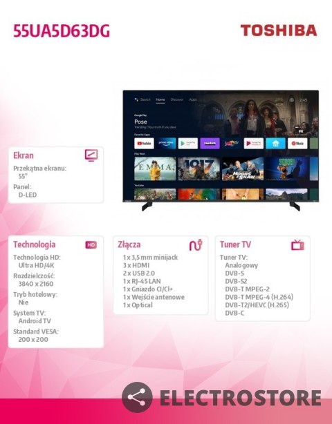 Toshiba Telewizor LED 55 cali 55UA5D63DG Toshiba Telewizor LED 55 cali 55UA5D63DG