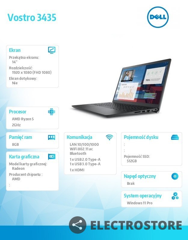 Dell Notebook Vostro 3435 Win11Pro Ryzen 5 7530U/8GB/512GB SSD/14.0 FHD/AMD Radeon/FgrPr/Cam & Mic/WLAN + BT/Backlit Kb/3 Cell/3Y Pro